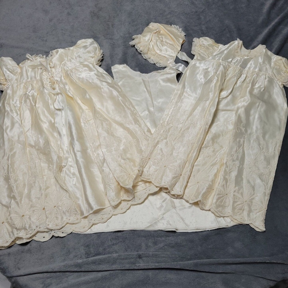 Vtg Baby Dress Girl 12-24 Month 4 Piece Set Lace USA Made Embroidery Christening